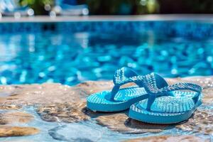 par de chancletas izquierda a el borde de piscina, señalización despreocupado verano día foto