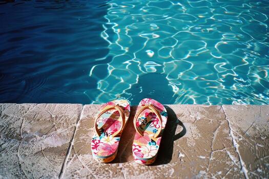 Pair of flip-flops left at the edge of pool, signaling carefree summer day photo