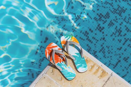 Pair of flip-flops left at the edge of pool, signaling carefree summer day photo