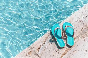 Pair of flip-flops left at the edge of pool, signaling carefree summer day photo