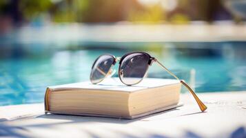 par de Gafas de sol descansando en libro por el junto a la piscina, personificando perezoso verano dias foto