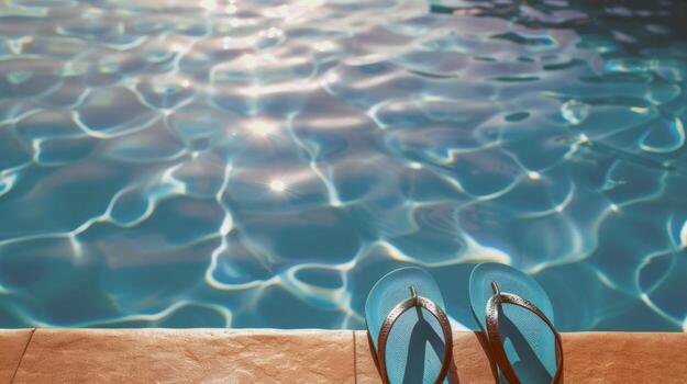 Pair of flip-flops left at the edge of pool, signaling carefree summer day photo