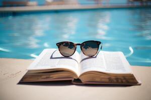 par de Gafas de sol descansando en libro por el junto a la piscina, personificando perezoso verano dias foto