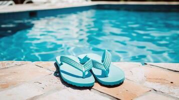 Pair of flip-flops left at the edge of pool, signaling carefree summer day photo