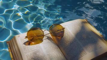 par de Gafas de sol descansando en libro por el junto a la piscina, personificando perezoso verano dias foto