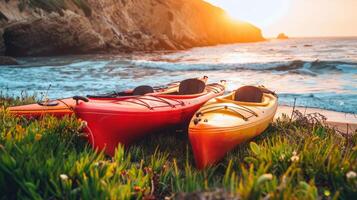 par de vistoso kayaks descansando en el costa, llamando aventureros a explorar oculto calas foto