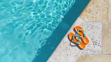 Pair of flip-flops left at the edge of pool, signaling carefree summer day photo