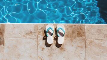 Pair of flip-flops left at the edge of pool, signaling carefree summer day photo