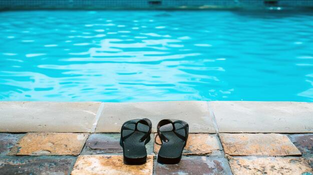 Pair of flip-flops left at the edge of pool, signaling carefree summer day photo
