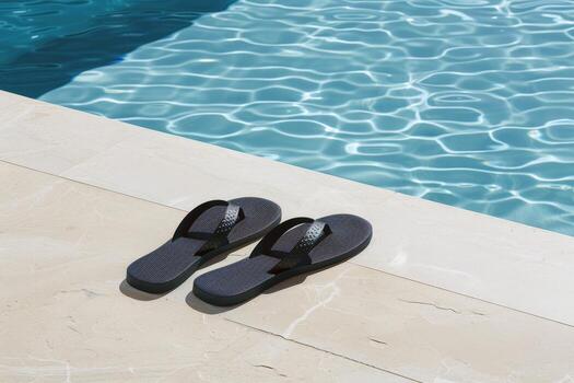Pair of flip-flops left at the edge of pool, signaling carefree summer day photo