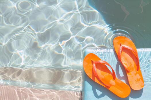 Pair of flip-flops left at the edge of pool, signaling carefree summer day photo