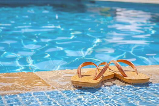 Pair of flip-flops left at the edge of pool, signaling carefree summer day photo