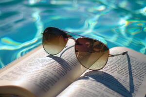 par de Gafas de sol descansando en libro por el junto a la piscina, personificando perezoso verano dias foto