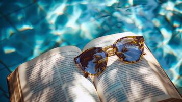 par de Gafas de sol descansando en libro por el junto a la piscina, personificando perezoso verano dias foto