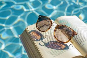 Pair of sunglasses resting on book by the poolside, epitomizing lazy summer days photo