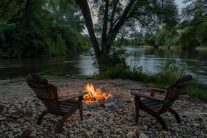 Peaceful riverside campsite illuminated by the flickering light of campfire photo