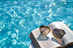 par de Gafas de sol descansando en libro por el junto a la piscina, personificando perezoso verano dias foto