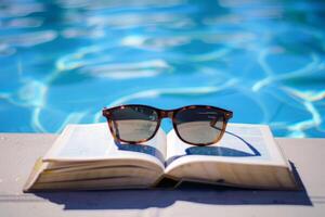 par de Gafas de sol descansando en libro por el junto a la piscina, personificando perezoso verano dias foto