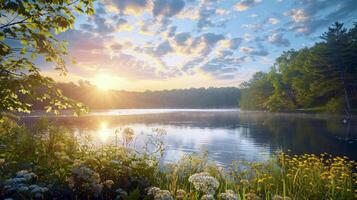 Sunset over tranquil lake, casting warm glow over the water and surrounding landscape photo