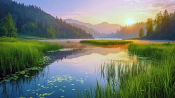 Sunset over tranquil lake, casting warm glow over the water and surrounding landscape photo