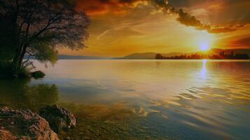 Sunset over tranquil lake, casting warm glow over the water and surrounding landscape photo