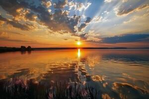 puesta de sol terminado tranquilo lago, fundición calentar resplandor terminado el agua y rodeando paisaje foto