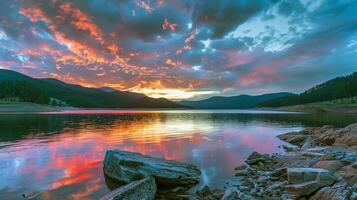 puesta de sol terminado tranquilo lago, fundición calentar resplandor terminado el agua y rodeando paisaje foto