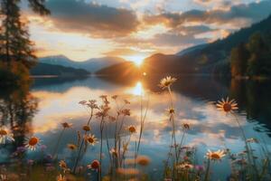 Sunset over tranquil lake, casting warm glow over the water and surrounding landscape photo