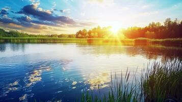 puesta de sol terminado tranquilo lago, fundición calentar resplandor terminado el agua y rodeando paisaje foto