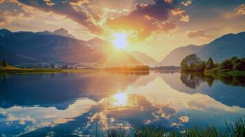 Sunset over tranquil lake, casting warm glow over the water and surrounding landscape photo