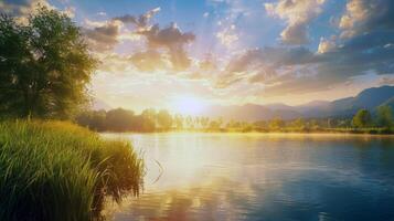 puesta de sol terminado tranquilo lago, fundición calentar resplandor terminado el agua y rodeando paisaje foto