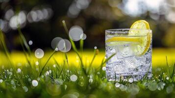 Refreshing glass of lemonade, condensation glistening in the summer heat photo