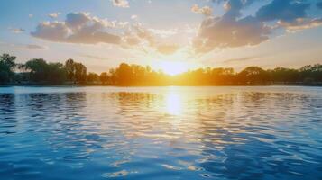 puesta de sol terminado tranquilo lago, fundición calentar resplandor terminado el agua y rodeando paisaje foto