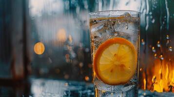 Refreshing glass of lemonade, condensation glistening in the summer heat photo