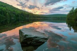 puesta de sol terminado tranquilo lago, fundición calentar resplandor terminado el agua y rodeando paisaje foto