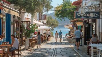 Quaint seaside town bustling with tourists, its streets lined with charming shops and cafes photo