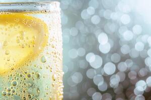 Refreshing glass of lemonade, condensation glistening in the summer heat photo