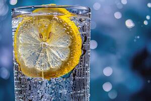 Refreshing glass of lemonade, condensation glistening in the summer heat photo