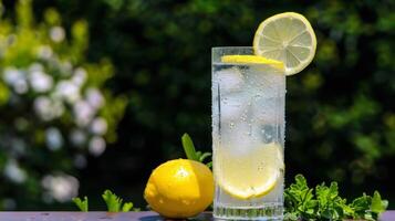 Refreshing glass of lemonade, condensation glistening in the summer heat photo