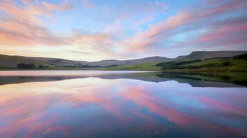 Sunset over tranquil lake, casting warm glow over the water and surrounding landscape photo