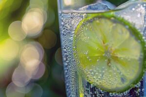 Refreshing glass of lemonade, condensation glistening in the summer heat photo