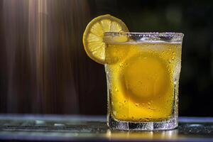 Refreshing glass of lemonade, condensation glistening in the summer heat photo