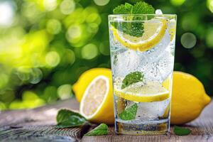 Refreshing glass of lemonade, condensation glistening in the summer heat photo