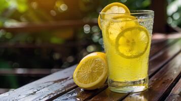 Refreshing glass of lemonade, condensation glistening in the summer heat photo