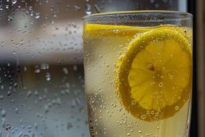 refrescante vaso de limonada, condensación brillante en el verano calor foto