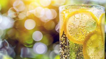 Refreshing glass of lemonade, condensation glistening in the summer heat photo