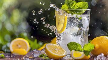 Refreshing glass of lemonade, condensation glistening in the summer heat photo