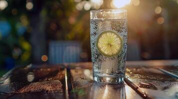 Refreshing glass of lemonade, condensation glistening in the summer heat photo