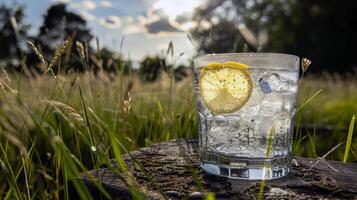 Refreshing glass of lemonade, condensation glistening in the summer heat photo