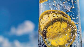 Refreshing glass of lemonade, condensation glistening in the summer heat photo